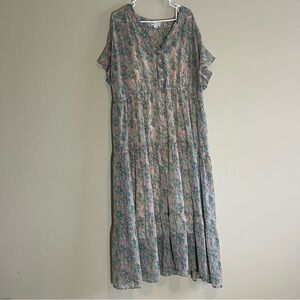 Ava & Viv 3X Dress Green, Blue, Pink, Orange, Flowery Design, Buttons, Sleeves